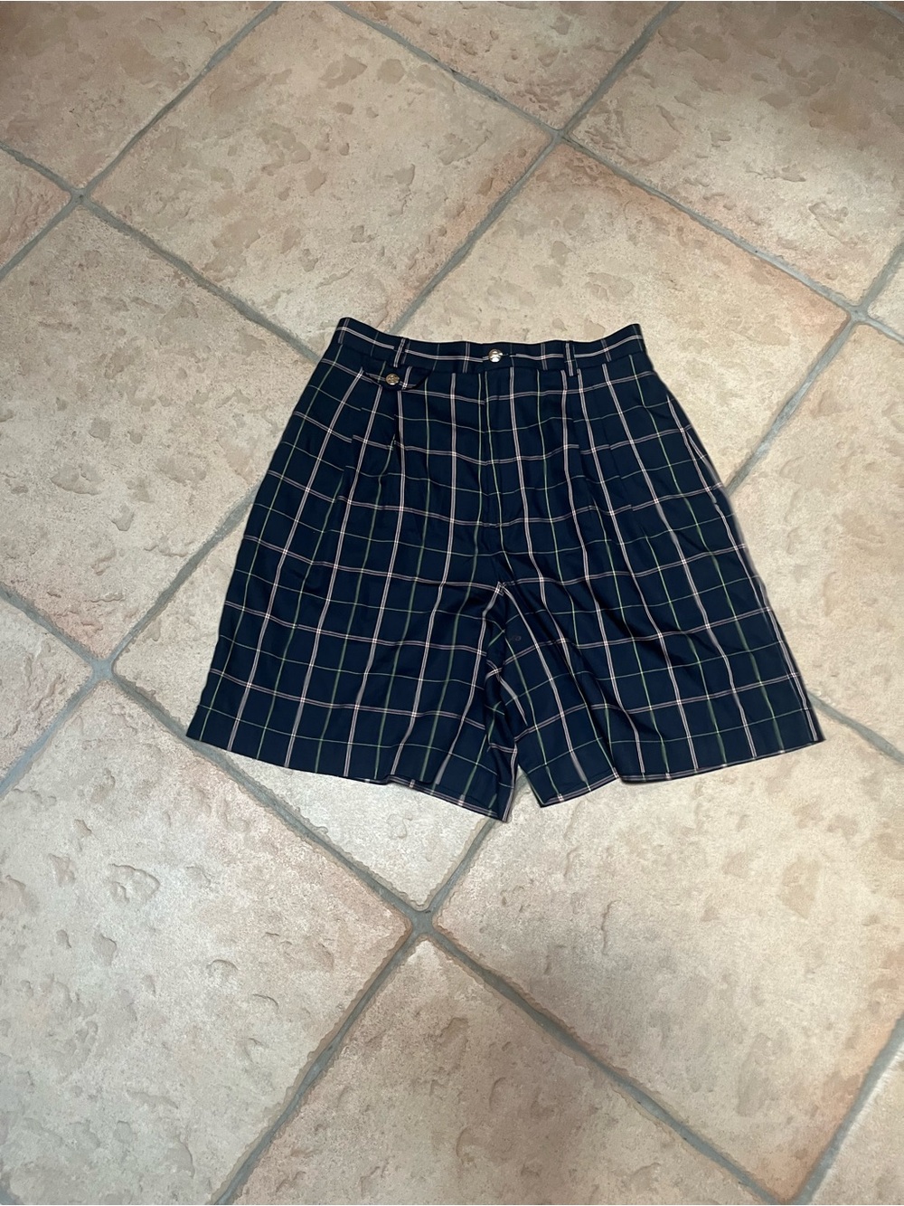 High-Waist Navy Plaid Tailored Shorts with Pleat Front